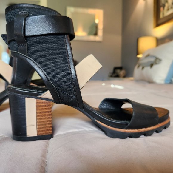Sorel Black Tan Addington Cuff Leather Colorblock Heel Open Toe Sandal - Picture 2 of 12